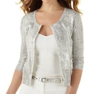 White House Black Market Gray Sweater Muted Snake pattern clear sequins on front